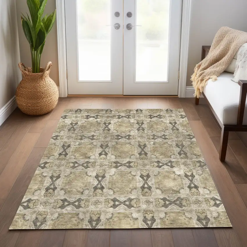 Beige and Gray Floral Medallion Washable Non Skid Indoor Outdoor Area Rug Photo 9