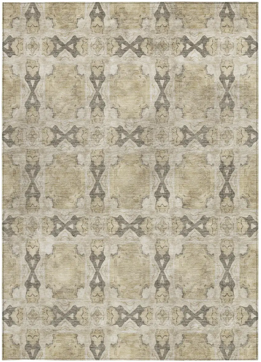 Beige and Gray Floral Medallion Washable Non Skid Indoor Outdoor Area Rug Photo 5