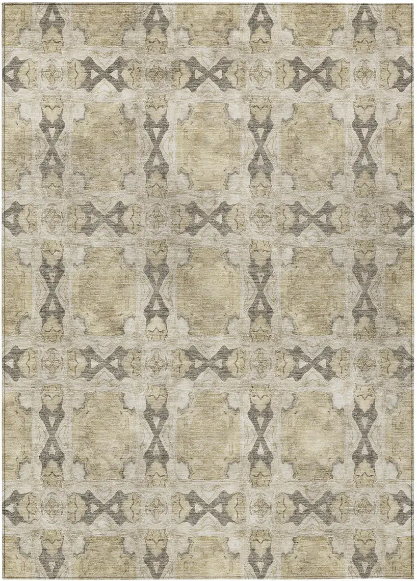 Beige and Gray Floral Medallion Washable Non Skid Indoor Outdoor Area Rug Photo 2
