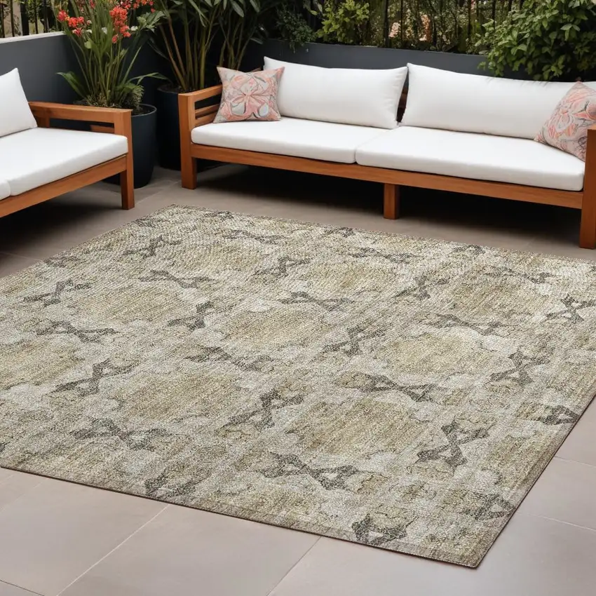 Beige and Gray Floral Medallion Washable Non Skid Indoor Outdoor Area Rug Photo 1