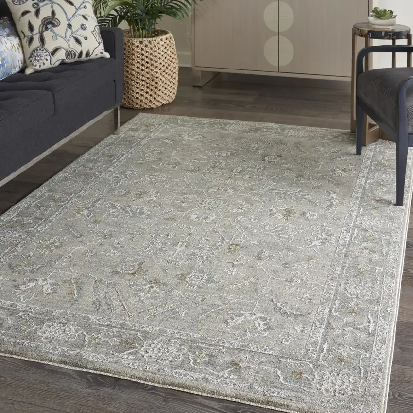 Beige and Gray Floral Power Loom Area Rug Photo 3