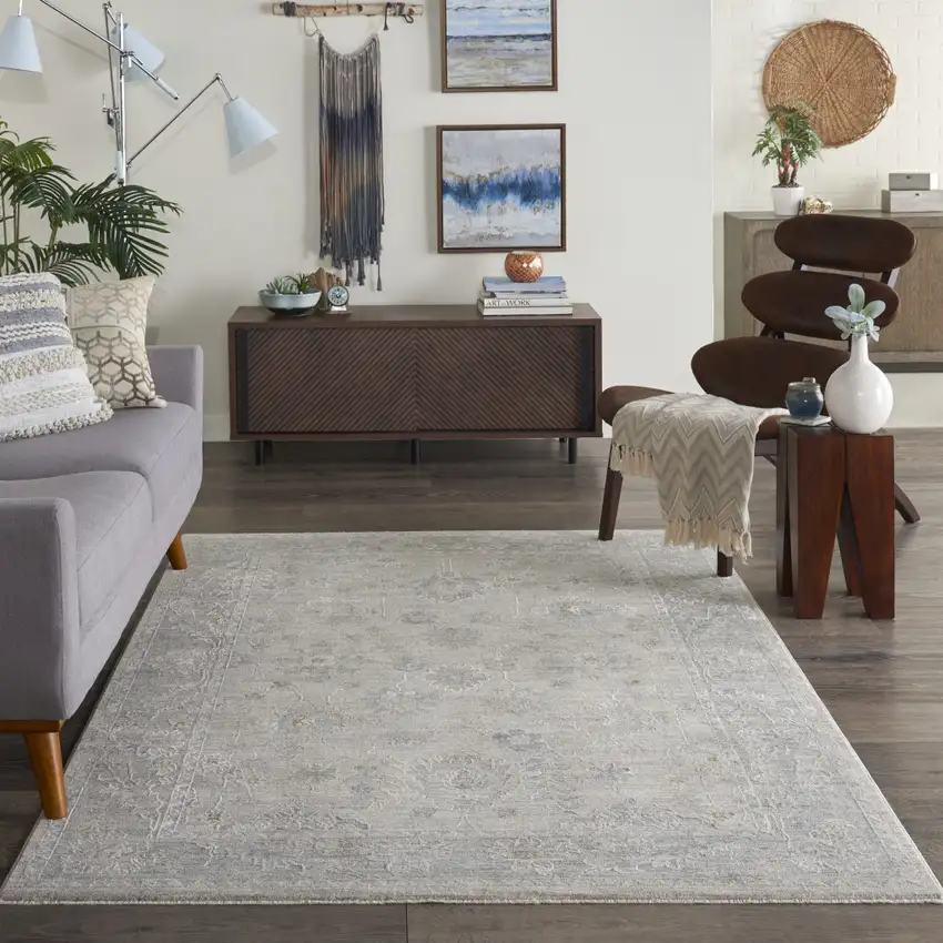 Beige and Gray Floral Power Loom Area Rug Photo 4