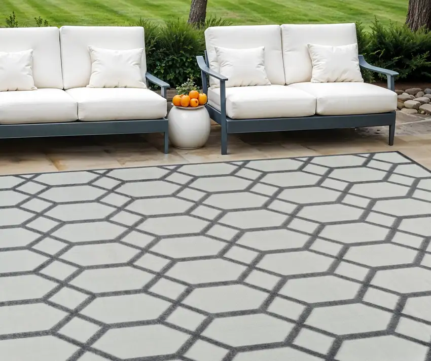 Beige and Gray Geometric Distressed Indoor Outdoor Area Rug Photo 1