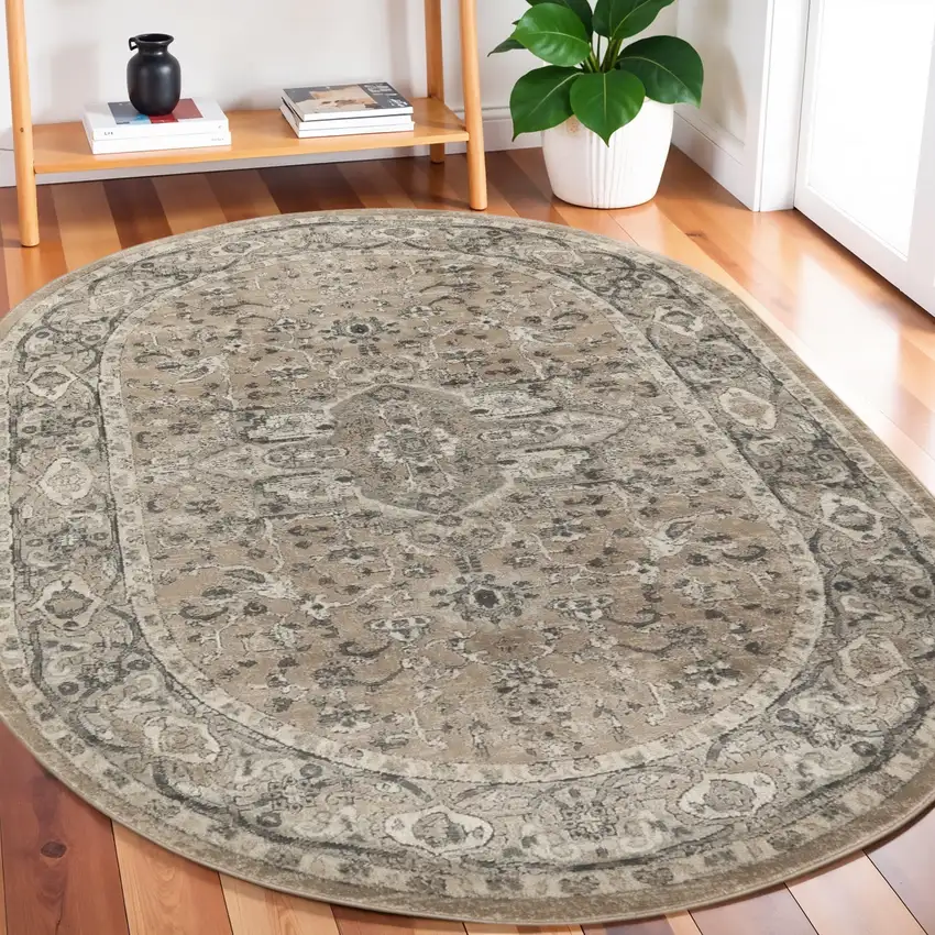 Beige and Gray Medallion Power Loom Distressed Area Rug Photo 1
