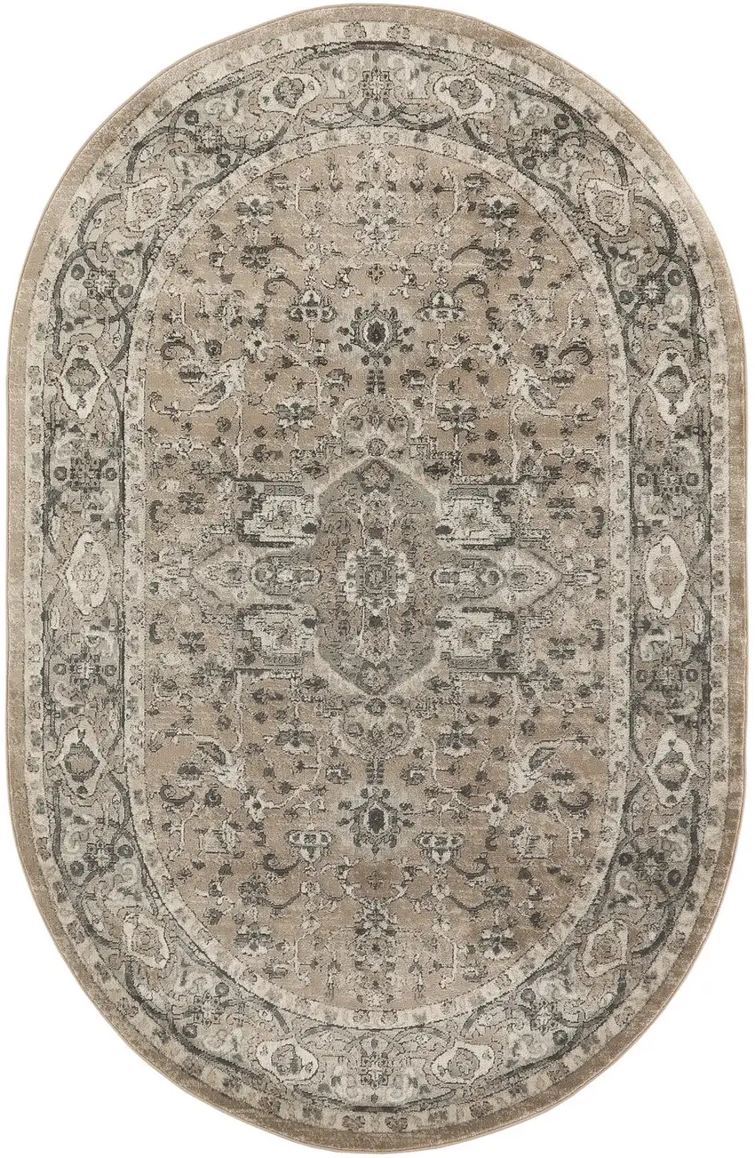 Beige and Gray Medallion Power Loom Distressed Area Rug Photo 2