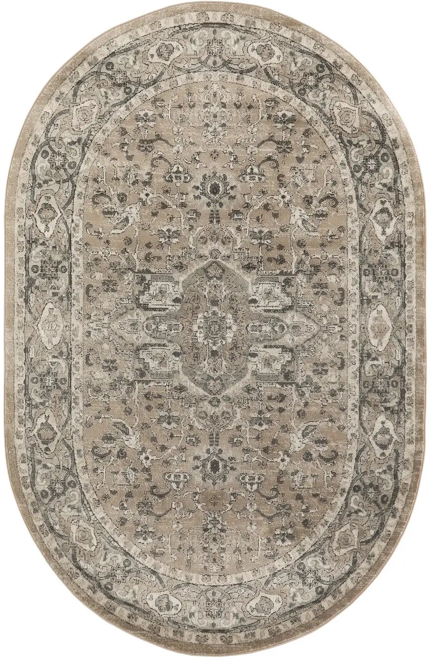 Beige and Gray Medallion Power Loom Distressed Area Rug Photo 1