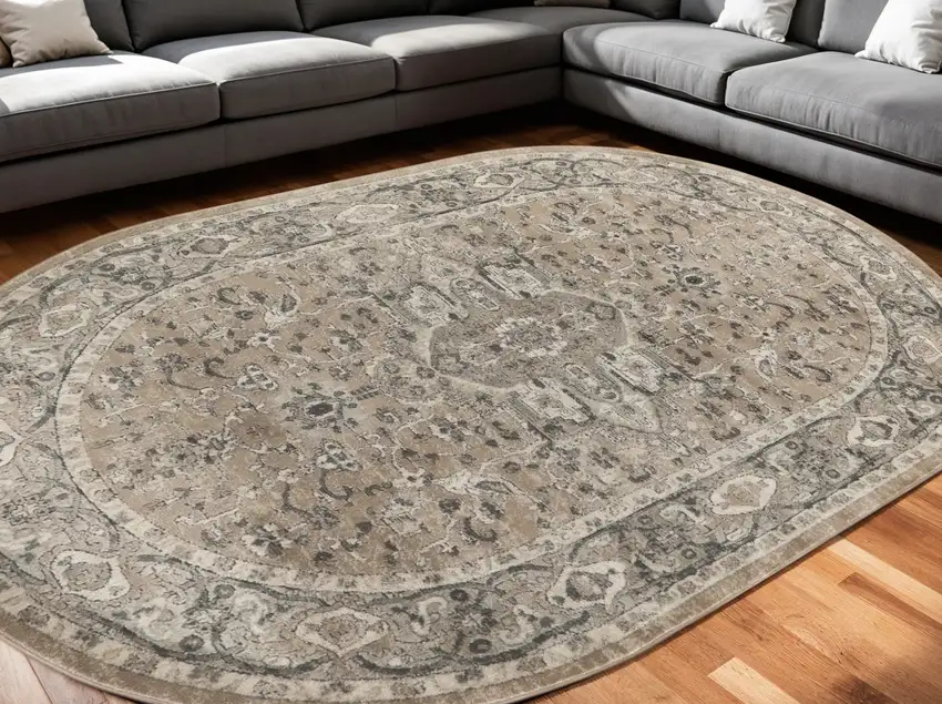 Beige and Gray Medallion Power Loom Distressed Area Rug Photo 2