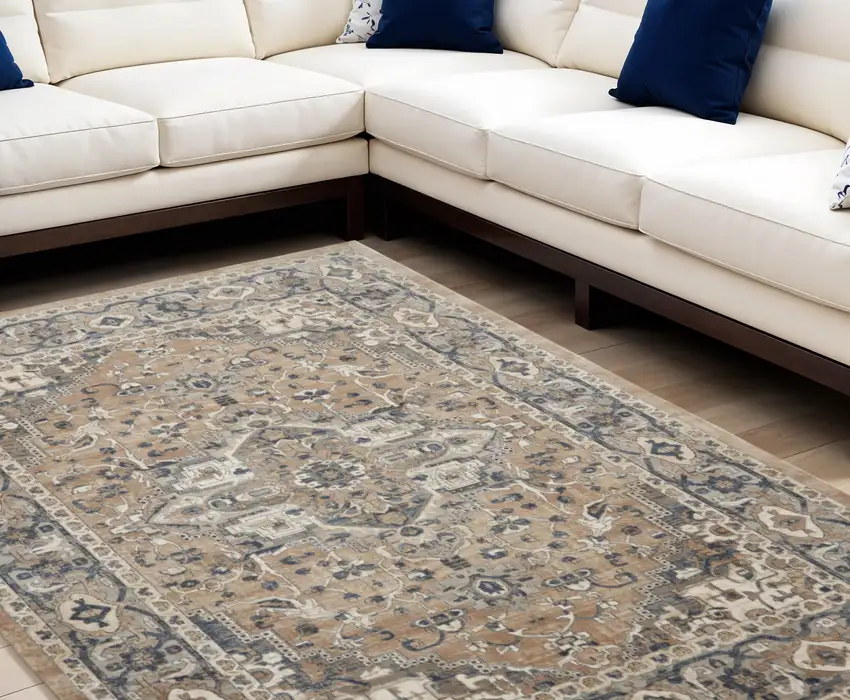 Beige and Gray Medallion Power Loom Distressed Area Rug Photo 1