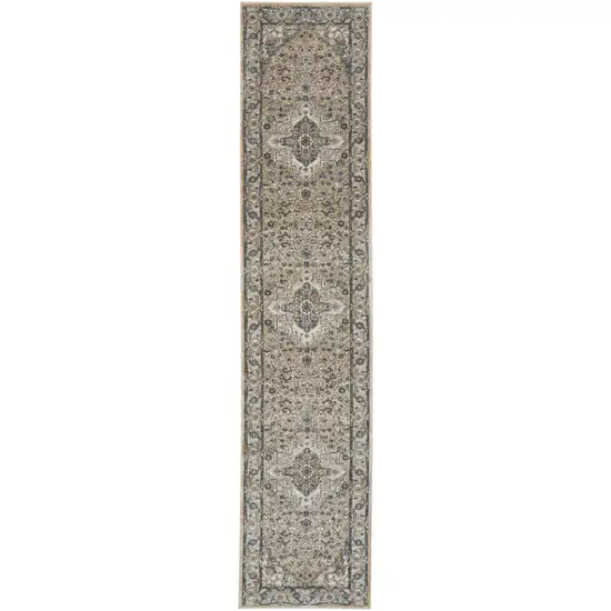 16' Beige And Gray Medallion Distressed Runner Rug Photo 3