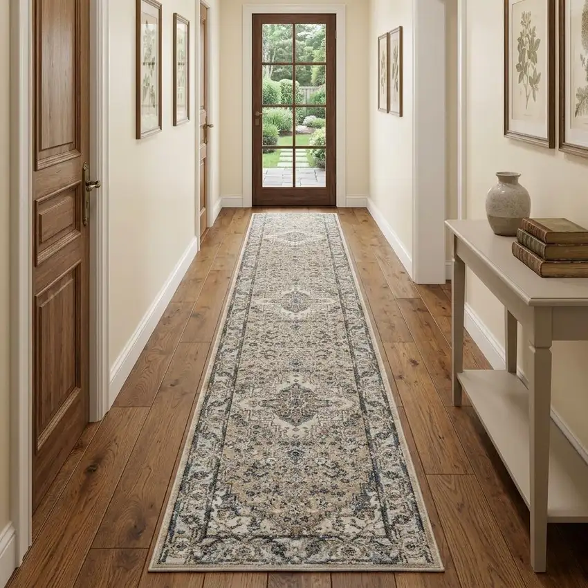 16' Beige And Gray Medallion Distressed Runner Rug Photo 1