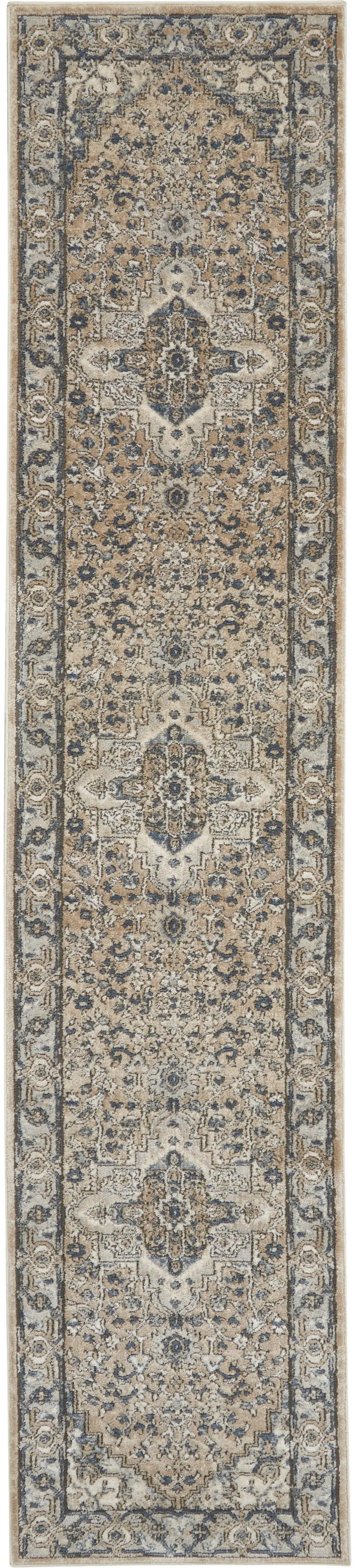 Beige and Gray Medallion Power Loom Distressed Runner Rug Photo 2