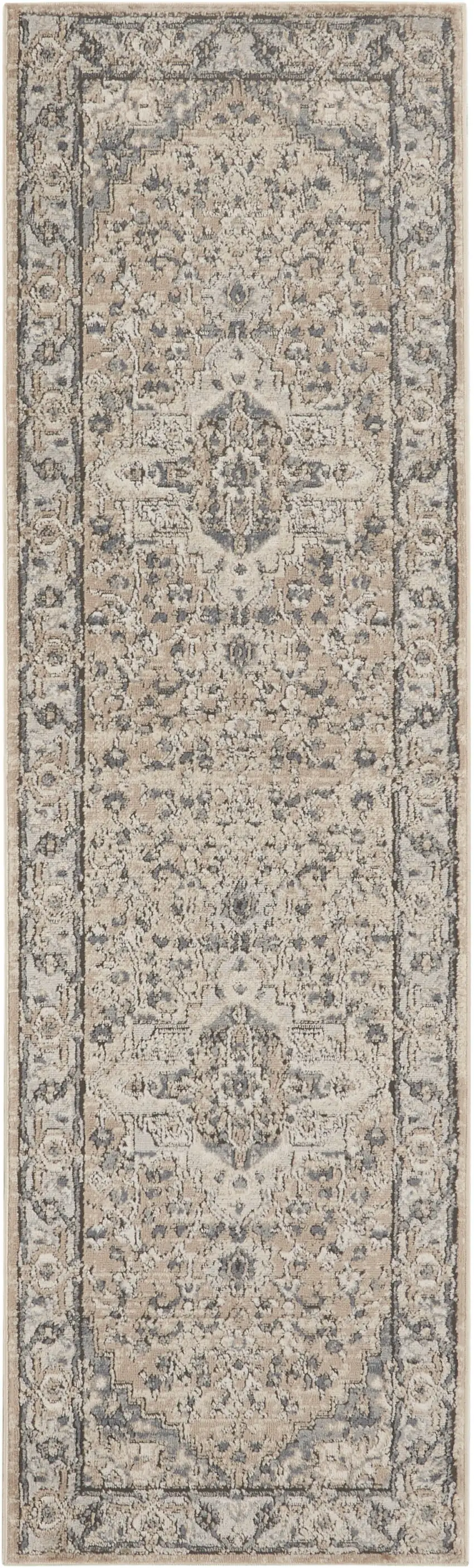 Beige and Gray Medallion Power Loom Distressed Runner Rug Photo 2