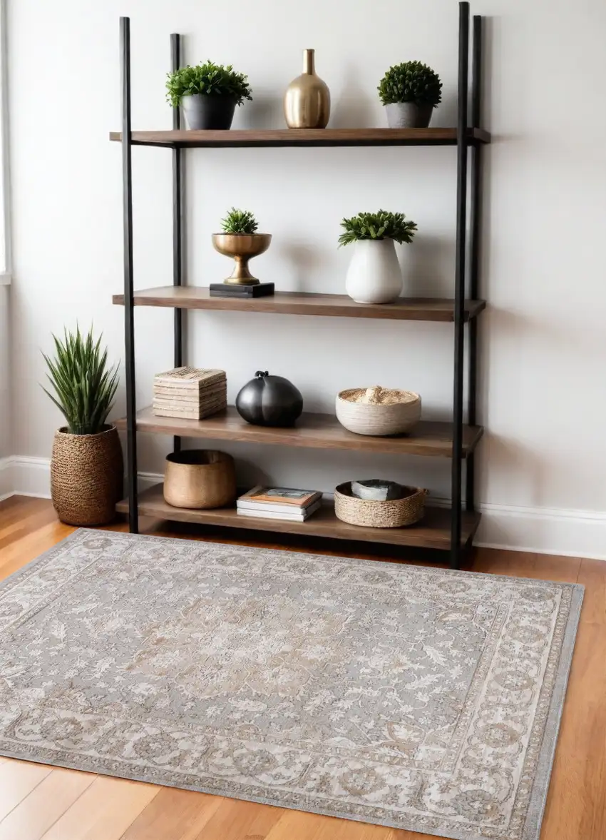 Beige and Gray Oriental Distressed Area Rug Photo 1