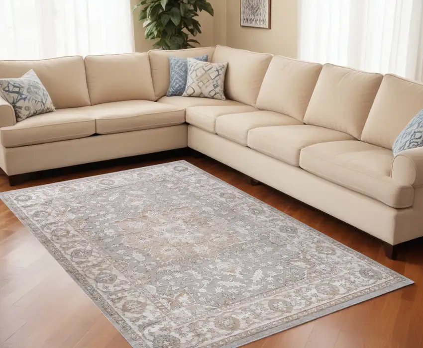 Beige and Gray Oriental Distressed Area Rug Photo 1