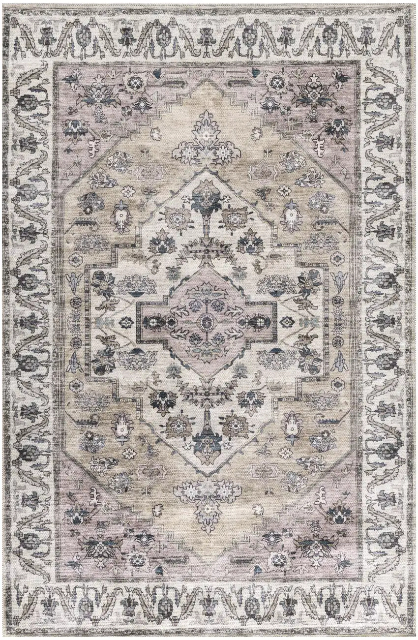 Beige and Gray Oriental Power Loom Distressed Washable Non Skid Area Rug Photo 1