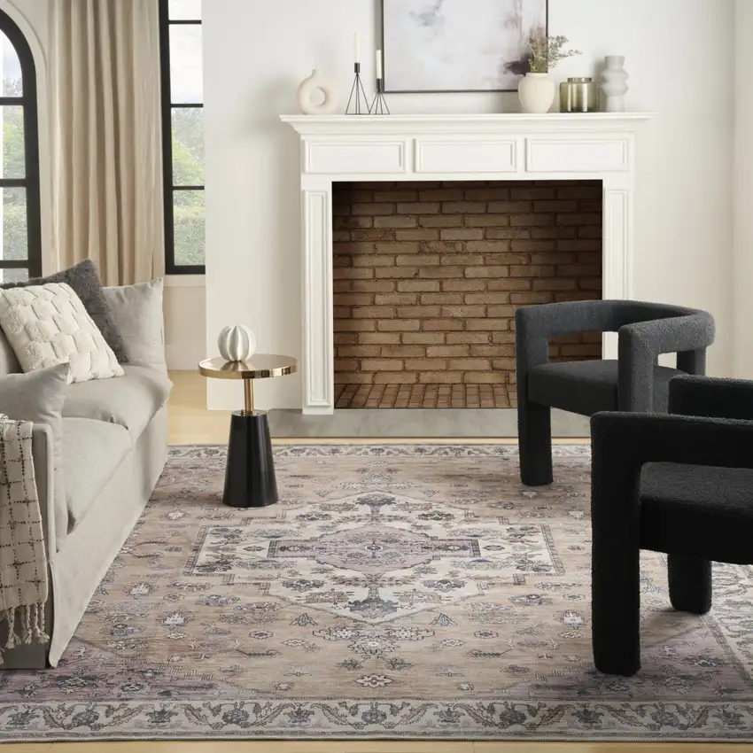 5' X 7' Beige and Gray Oriental Power Loom Distressed Washable Non Skid Area Rug Photo 6