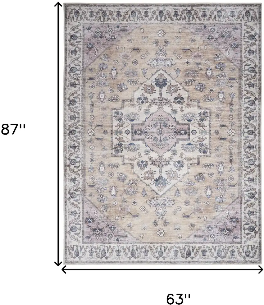 Beige and Gray Oriental Power Loom Distressed Washable Non Skid Area Rug Photo 9