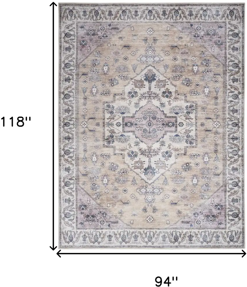 Beige and Gray Oriental Power Loom Distressed Washable Non Skid Area Rug Photo 9