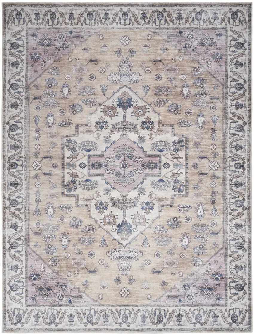 Beige and Gray Oriental Power Loom Distressed Washable Non Skid Area Rug Photo 1