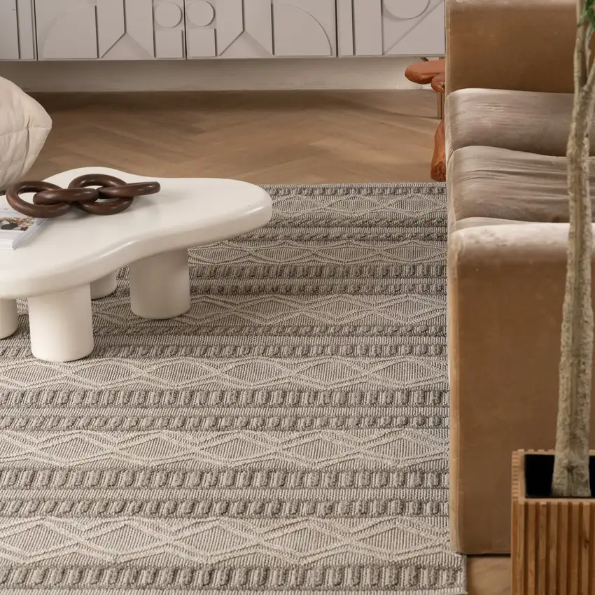 Beige and Gray Striped Distressed Indoor Outdoor Area Rug Photo 7