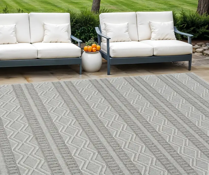 Beige and Gray Striped Distressed Indoor Outdoor Area Rug Photo 1