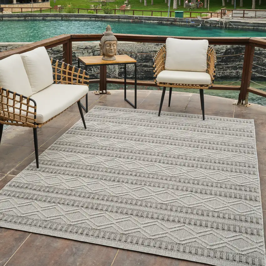 Beige and Gray Striped Distressed Indoor Outdoor Area Rug Photo 9