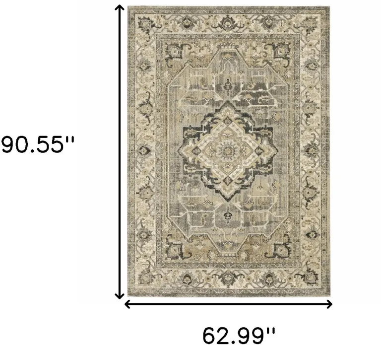 Beige and Gray Traditional Medallion Indoor Area Rug Photo 3