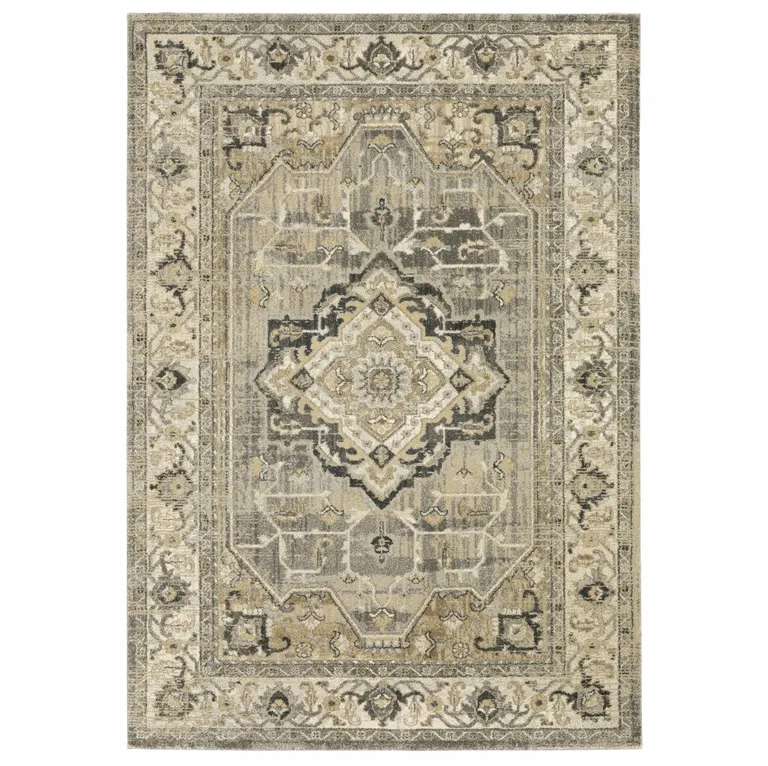 Beige and Gray Traditional Medallion Indoor Area Rug Photo 2