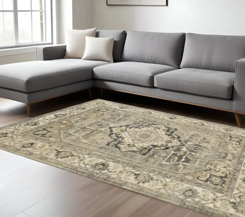 Beige And Gray Medallion Distressed Area Rug Photo 1