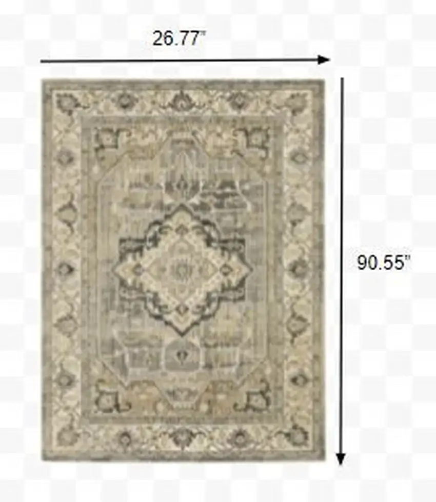 Beige and Gray Traditional Medallion Indoor Runner Rug Photo 4