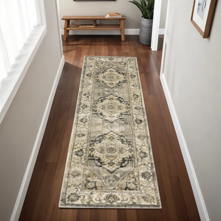 Beige and Gray Traditional Medallion Indoor Runner Rug Photo 3