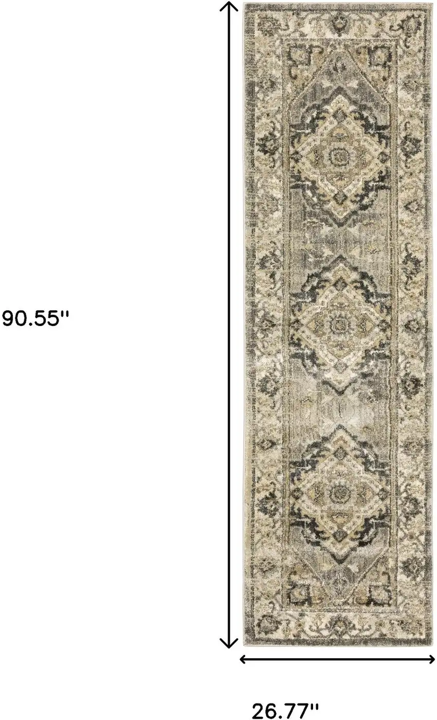 2' X 8' Beige And Gray Traditional Medallion Indoor Runner Rug Photo 7