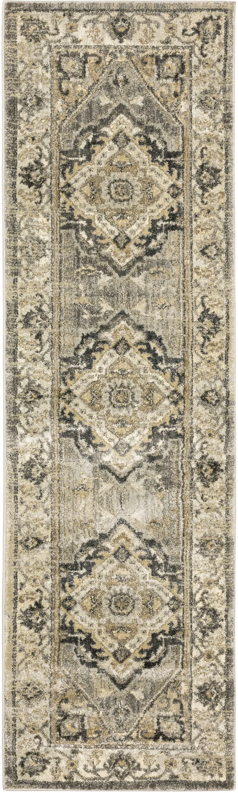 Beige and Gray Traditional Medallion Indoor Runner Rug Photo 4
