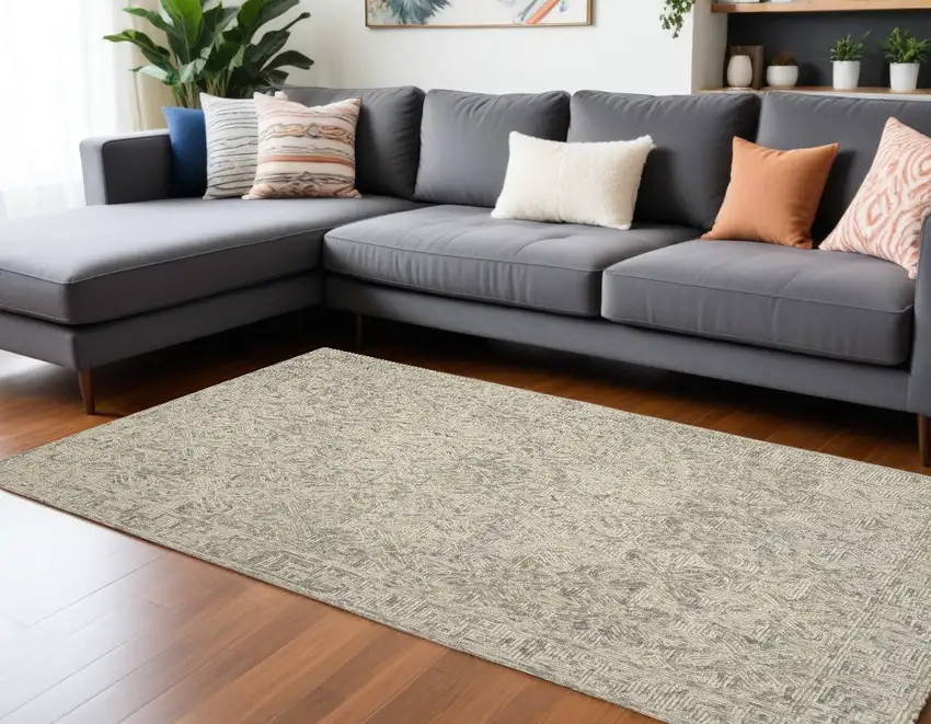 Beige and Gray Wool Abstract Geometric Area Rug Photo 1