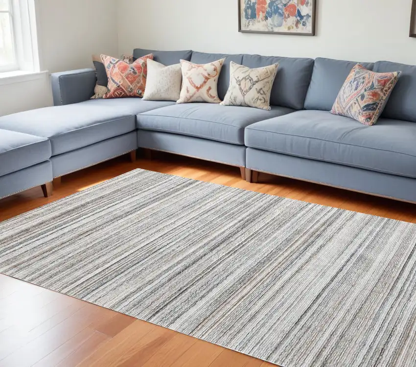Beige and Gray Wool Blend Abstract Lines Hand Loomed Area Rug Photo 1