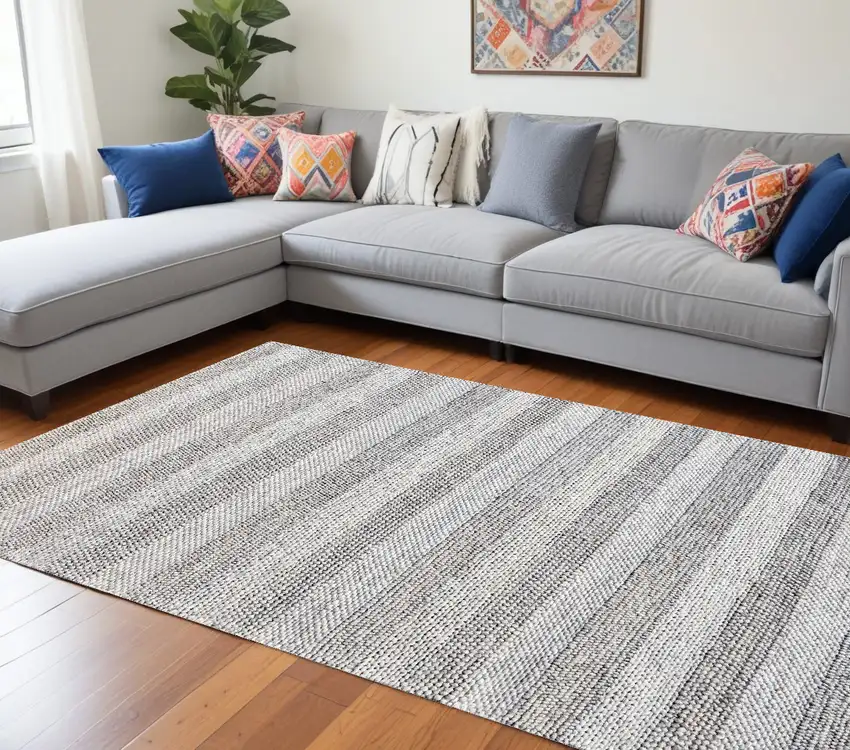 Beige and Gray Wool Blend Striped Hand Loomed Area Rug Photo 1