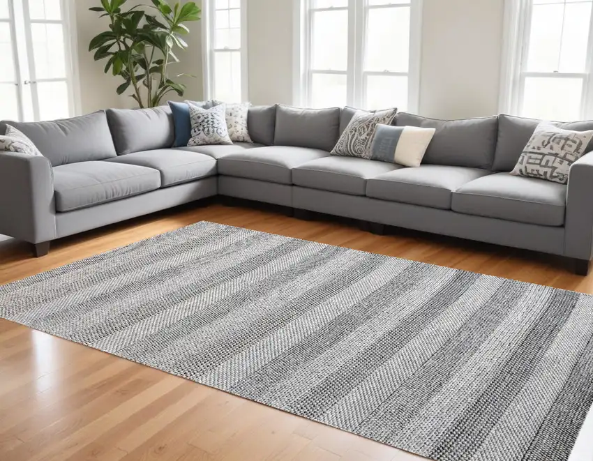 Beige and Gray Wool Blend Striped Hand Loomed Area Rug Photo 1
