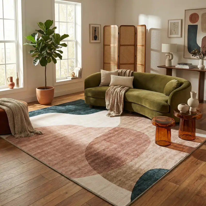 Beige and Green Abstract Distressed Area Rug Photo 5