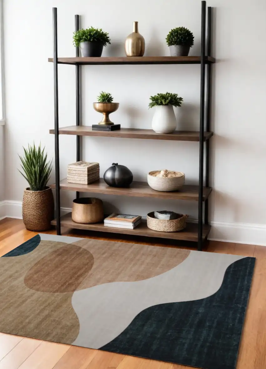 Beige and Green Abstract Distressed Area Rug Photo 1