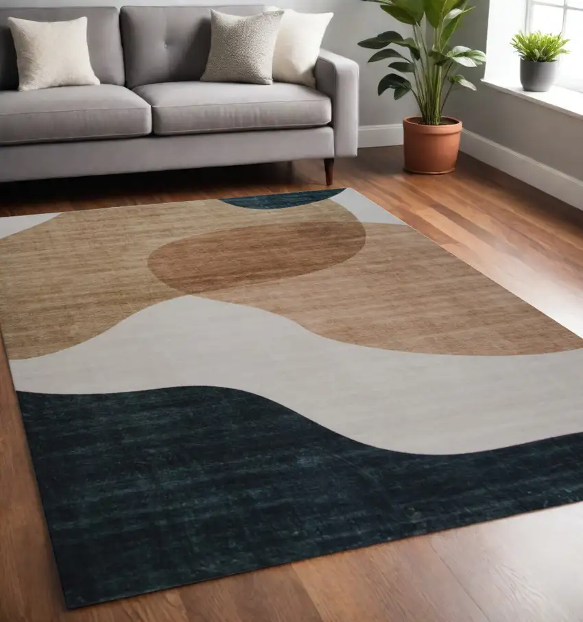 Beige and Green Abstract Distressed Area Rug Photo 1