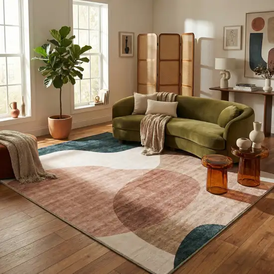 Beige and Green Abstract Distressed Area Rug Photo 5