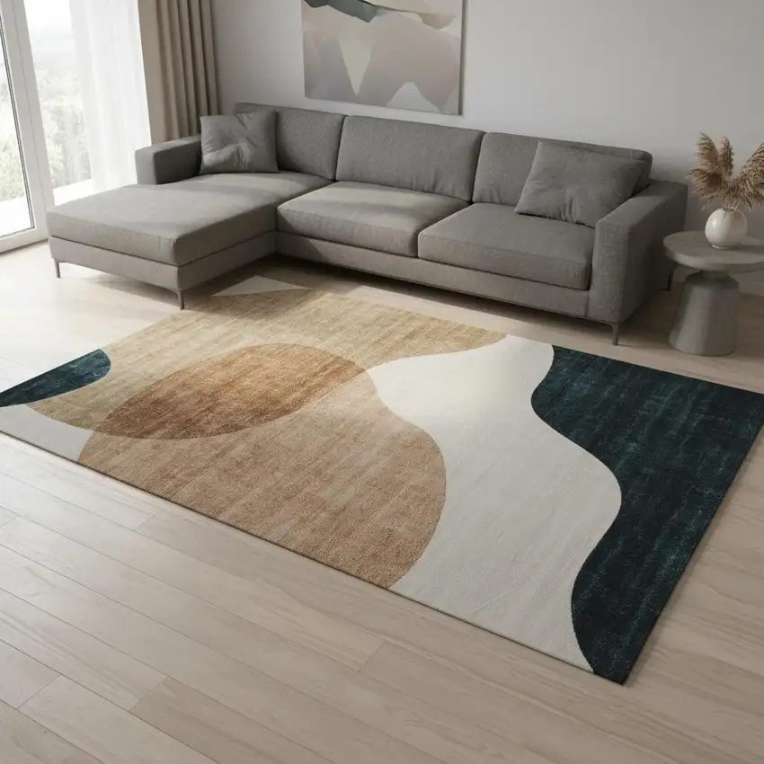 Beige and Green Abstract Distressed Area Rug Photo 1