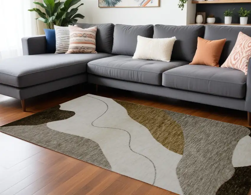 Beige and Green Abstract Distressed Area Rug Photo 1