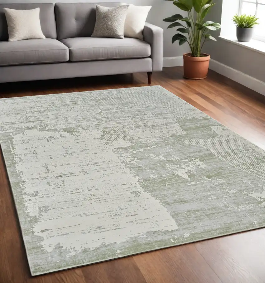 Beige and Green Abstract Distressed Area Rug Photo 1