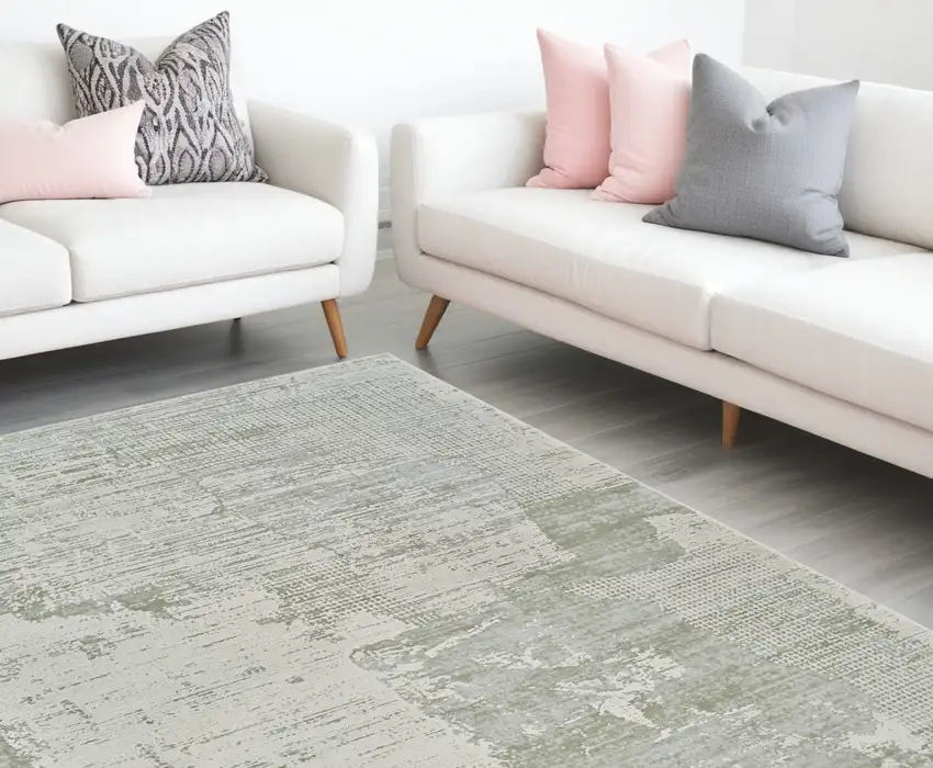 Beige and Green Abstract Distressed Area Rug Photo 1