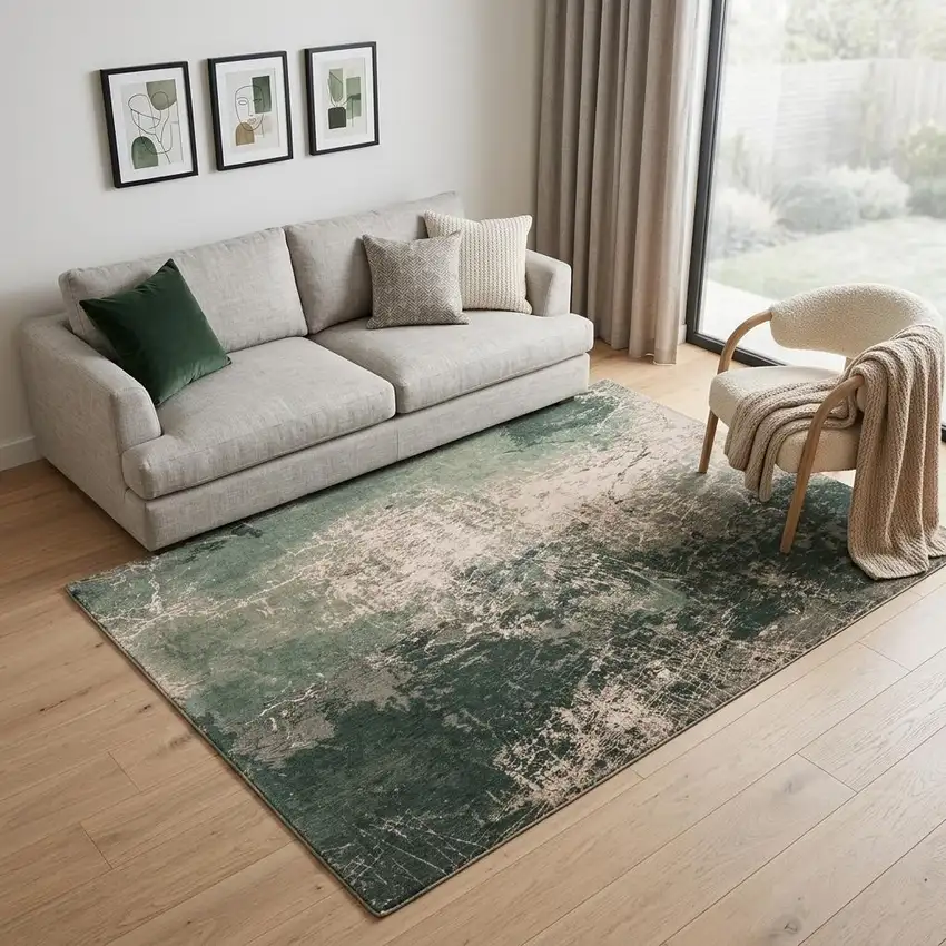 Beige and Green Abstract Non Skid Area Rug Photo 1