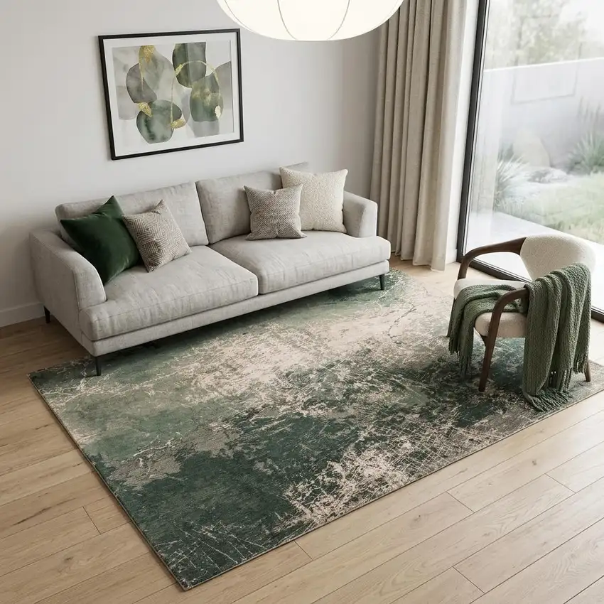 Beige and Green Abstract Non Skid Area Rug Photo 1