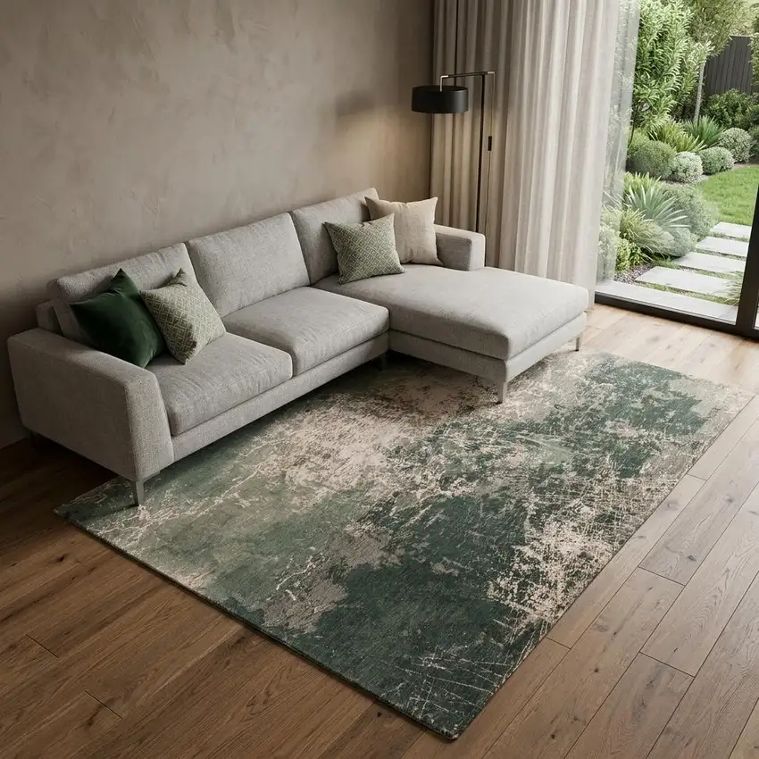 Beige and Green Abstract Non Skid Area Rug Photo 1