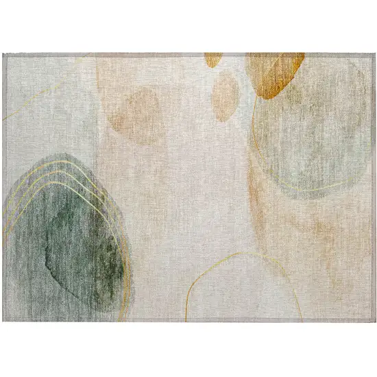 Beige and Green Abstract Washable Non Skid Indoor Outdoor Area Rug Photo 2