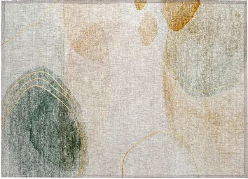 Beige and Green Abstract Washable Non Skid Indoor Outdoor Area Rug Photo 2